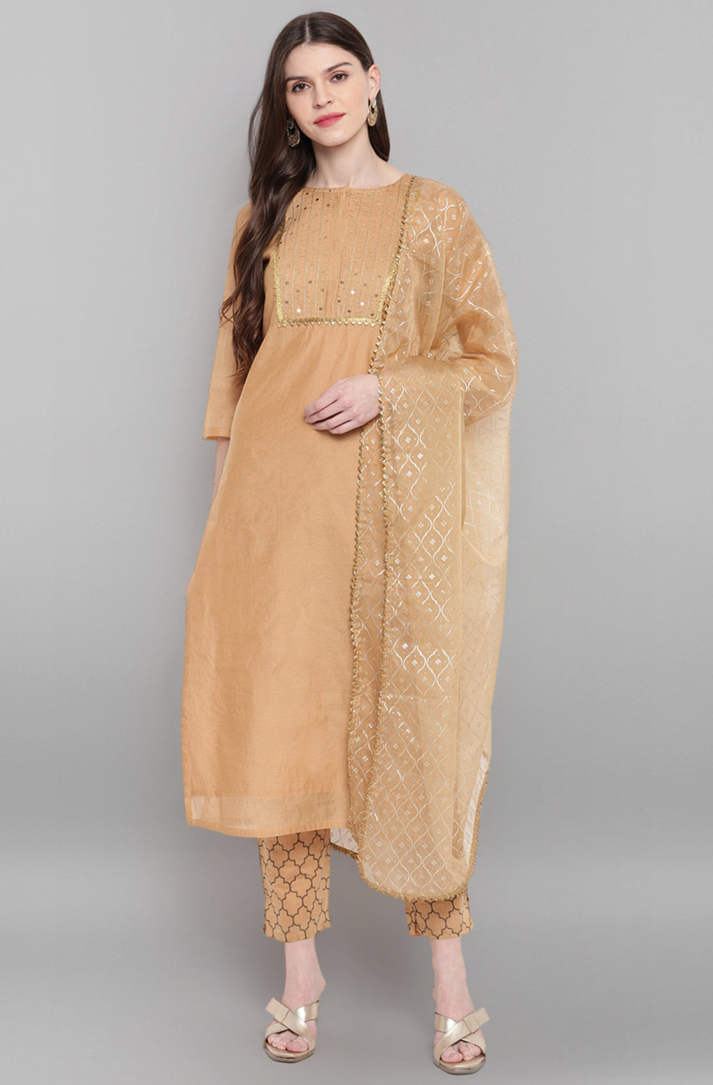 Janasya Women's Gold Poly Chanderi Embellished Kurta With Pant And Dupatta | Grocsy