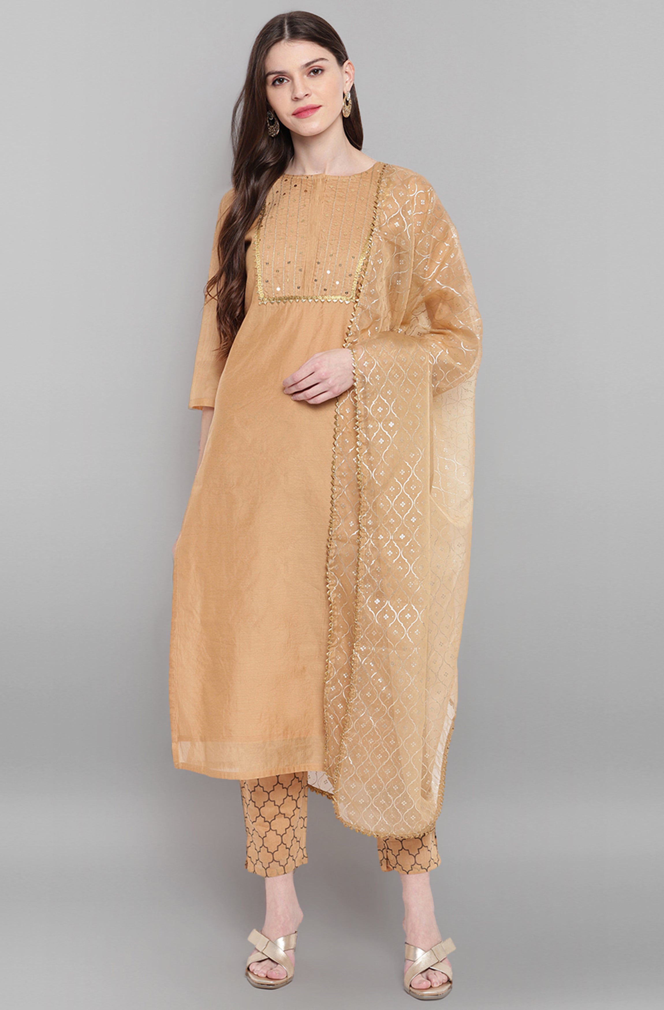 Janasya Women's Gold Poly Chanderi Embellished Kurta With Pant And Dupatta | Grocsy