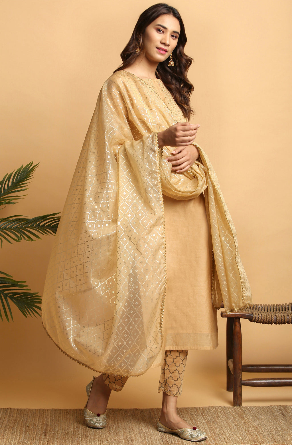 Janasya Women's Gold Poly Chanderi Embellished Kurta With Pant And Dupatta | Grocsy