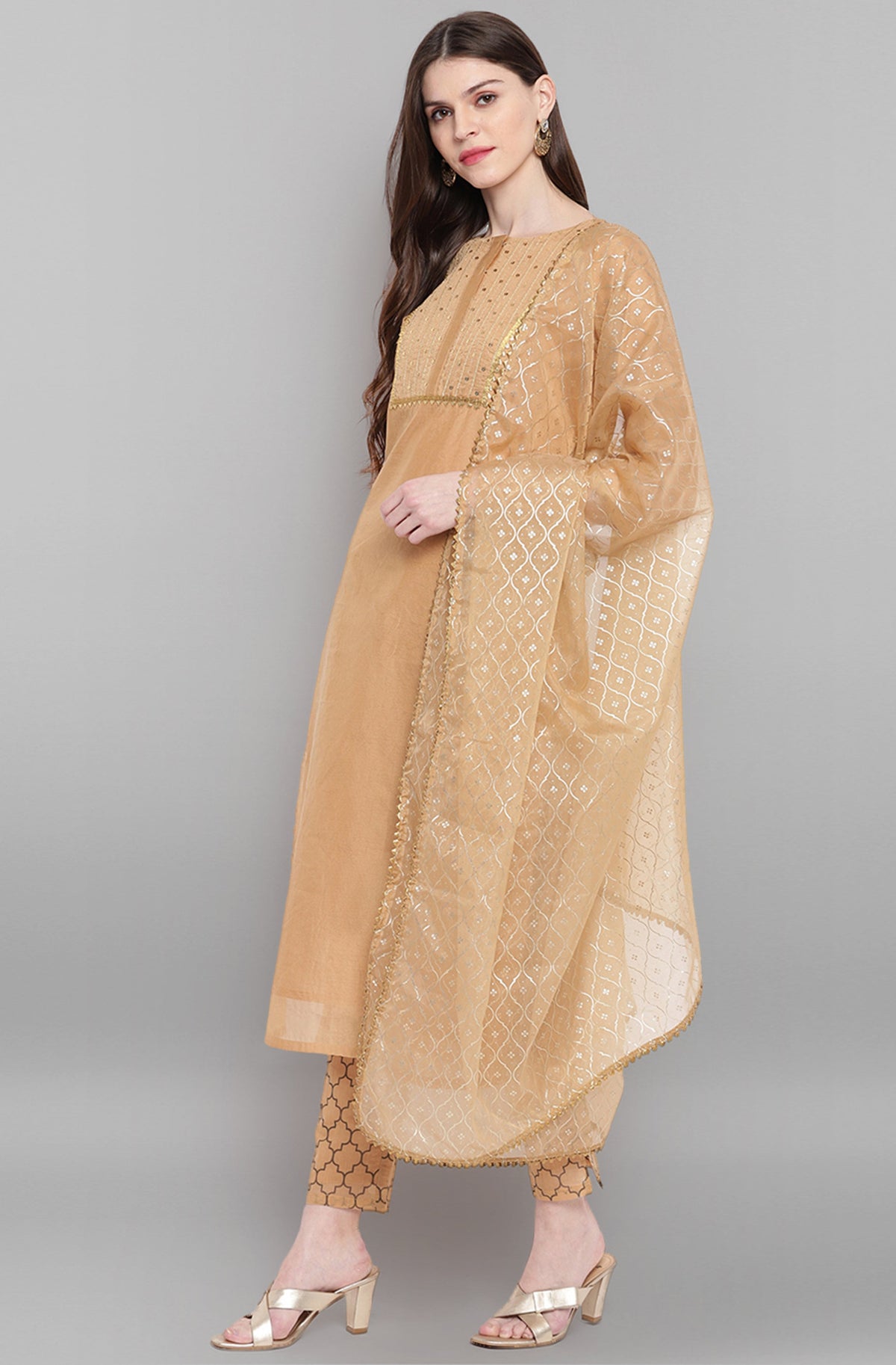 Janasya Women's Gold Poly Chanderi Embellished Kurta With Pant And Dupatta | Grocsy