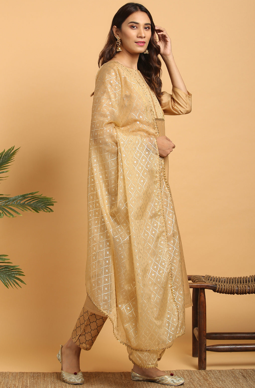 Janasya Women's Gold Poly Chanderi Embellished Kurta With Pant And Dupatta | Grocsy