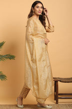 Janasya Women's Gold Poly Chanderi Embellished Kurta With Pant And Dupatta | Grocsy
