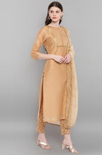 Janasya Women's Gold Poly Chanderi Embellished Kurta With Pant And Dupatta | Grocsy