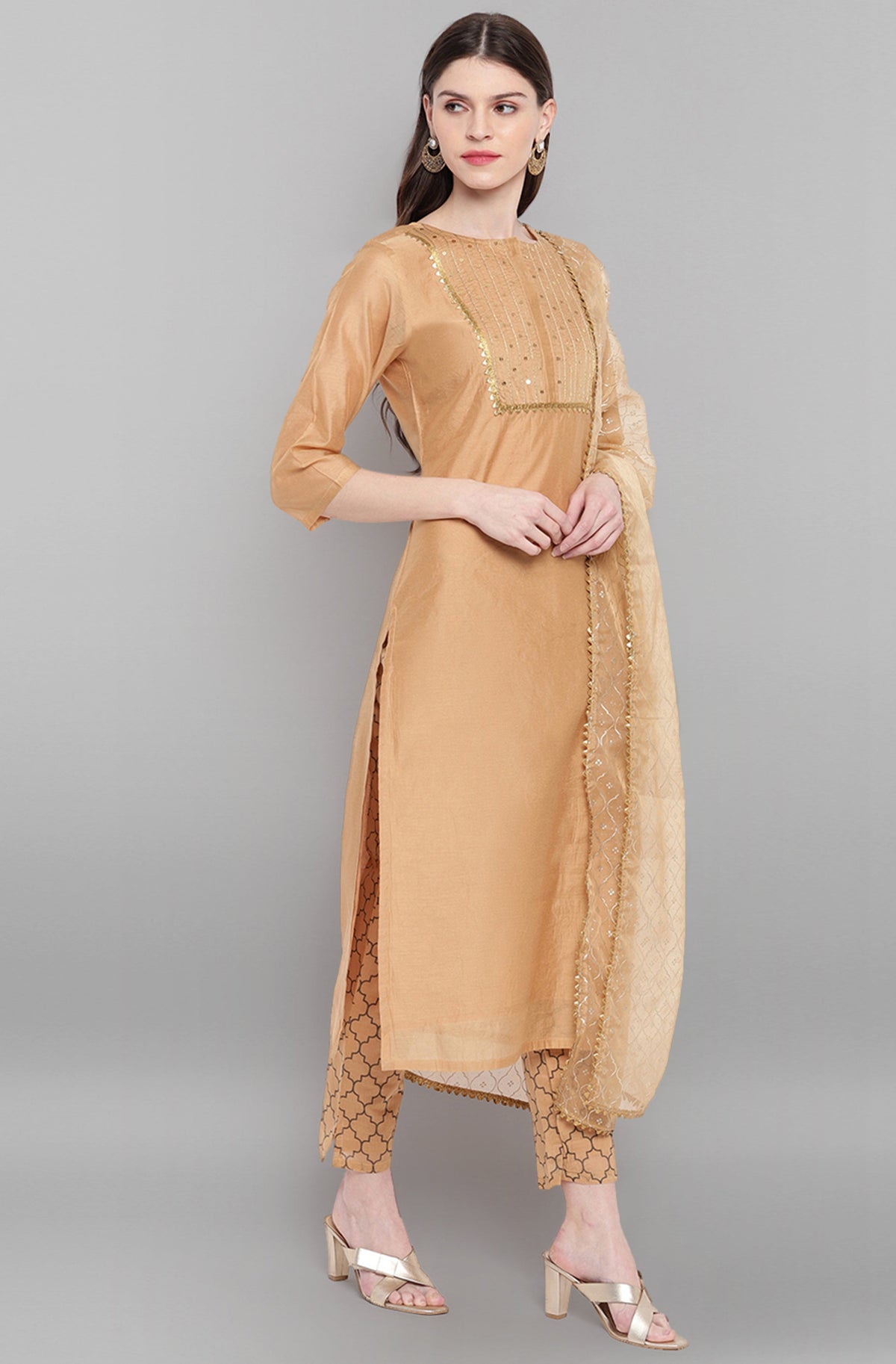 Janasya Women's Gold Poly Chanderi Embellished Kurta With Pant And Dupatta | Grocsy