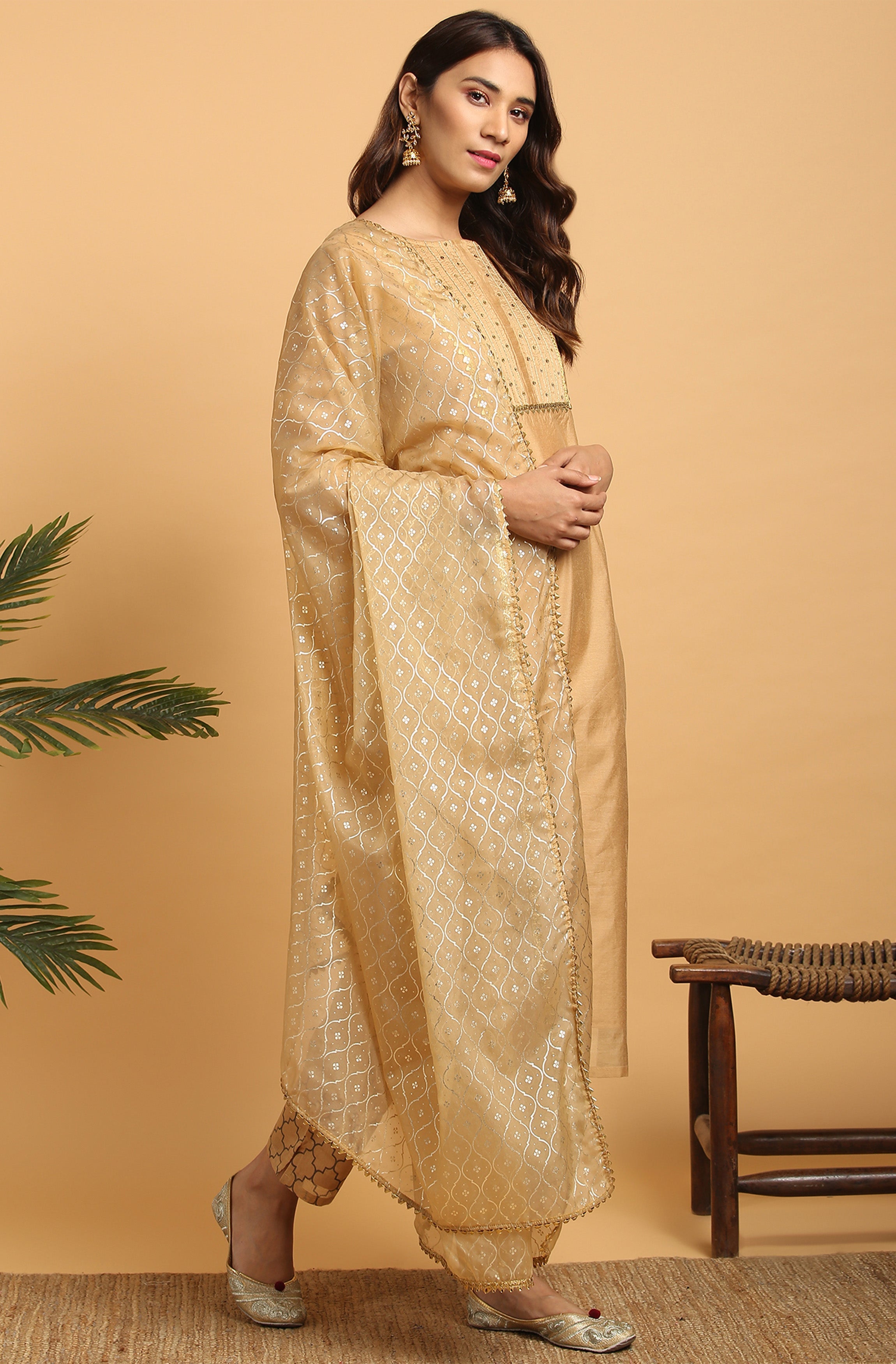 Janasya Women's Gold Poly Chanderi Embellished Kurta With Pant And Dupatta | Grocsy