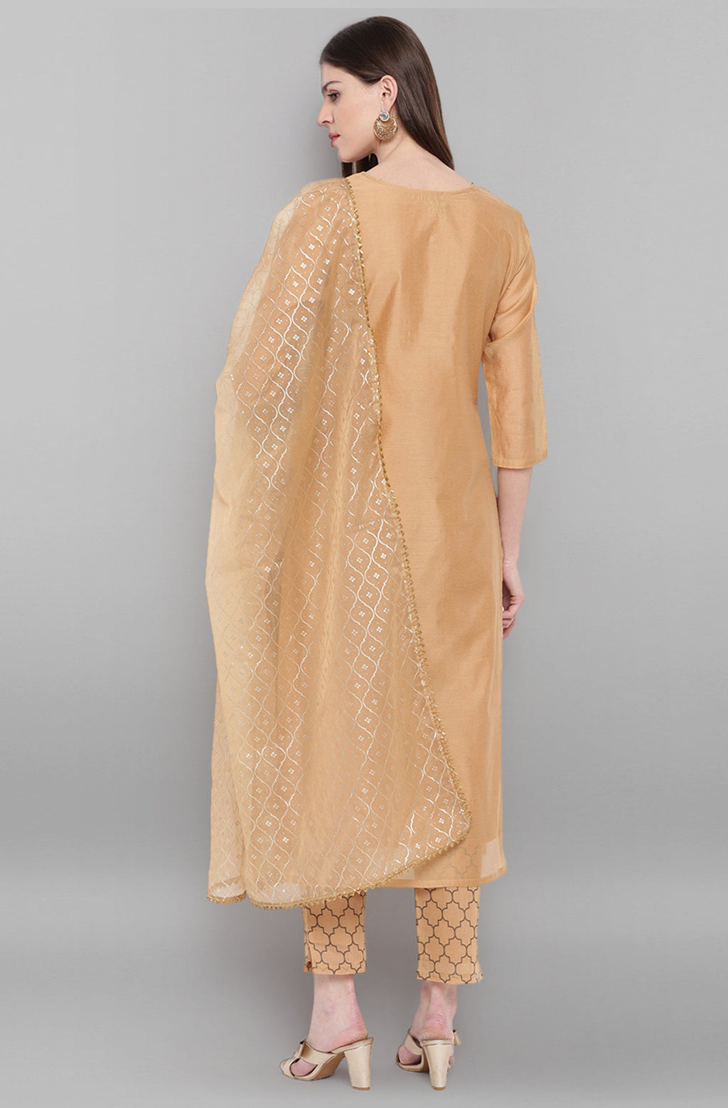 Janasya Women's Gold Poly Chanderi Embellished Kurta With Pant And Dupatta | Grocsy