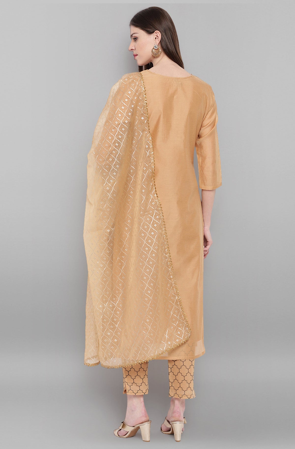 Janasya Women's Gold Poly Chanderi Embellished Kurta With Pant And Dupatta | Grocsy