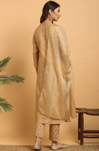 Janasya Women's Gold Poly Chanderi Embellished Kurta With Pant And Dupatta | Grocsy