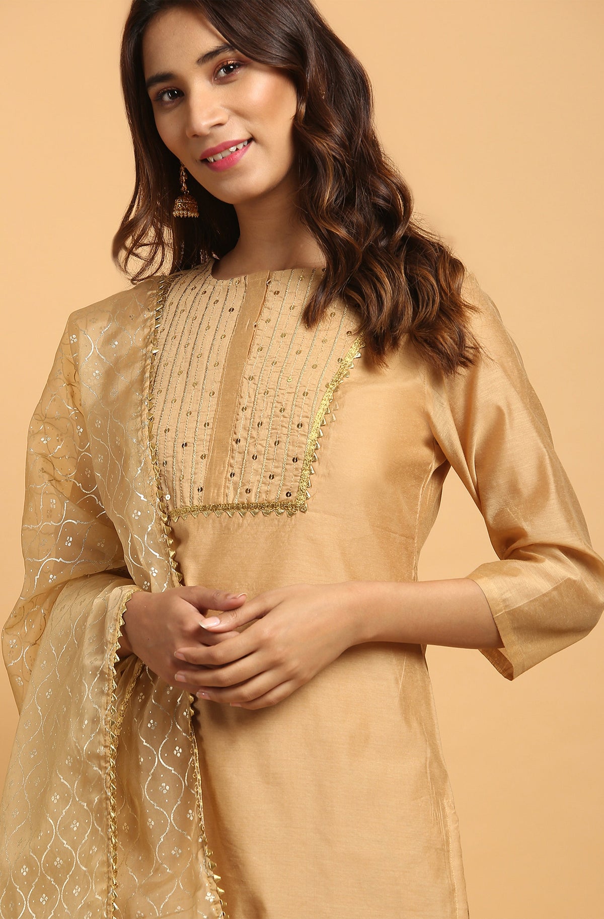 Janasya Women's Gold Poly Chanderi Embellished Kurta With Pant And Dupatta | Grocsy