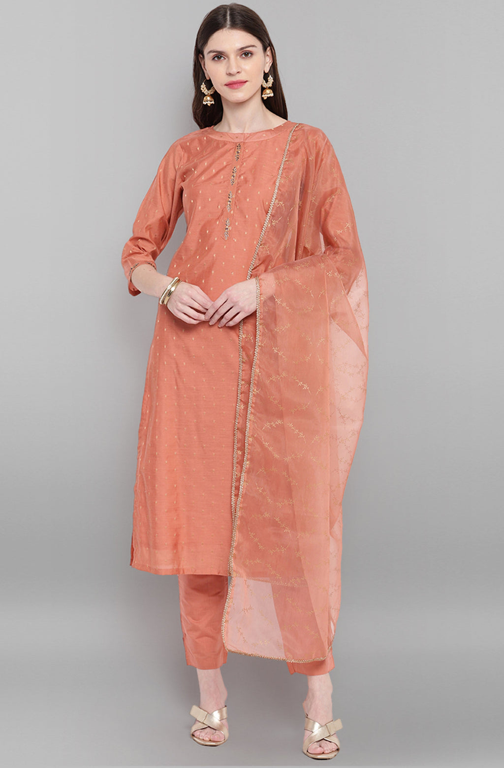 Janasya Women's Rose Gold Poly Muslin Embroidered Kurta With Pant And Dupatta | Grocsy