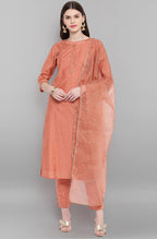 Janasya Women's Rose Gold Poly Muslin Embroidered Kurta With Pant And Dupatta | Grocsy