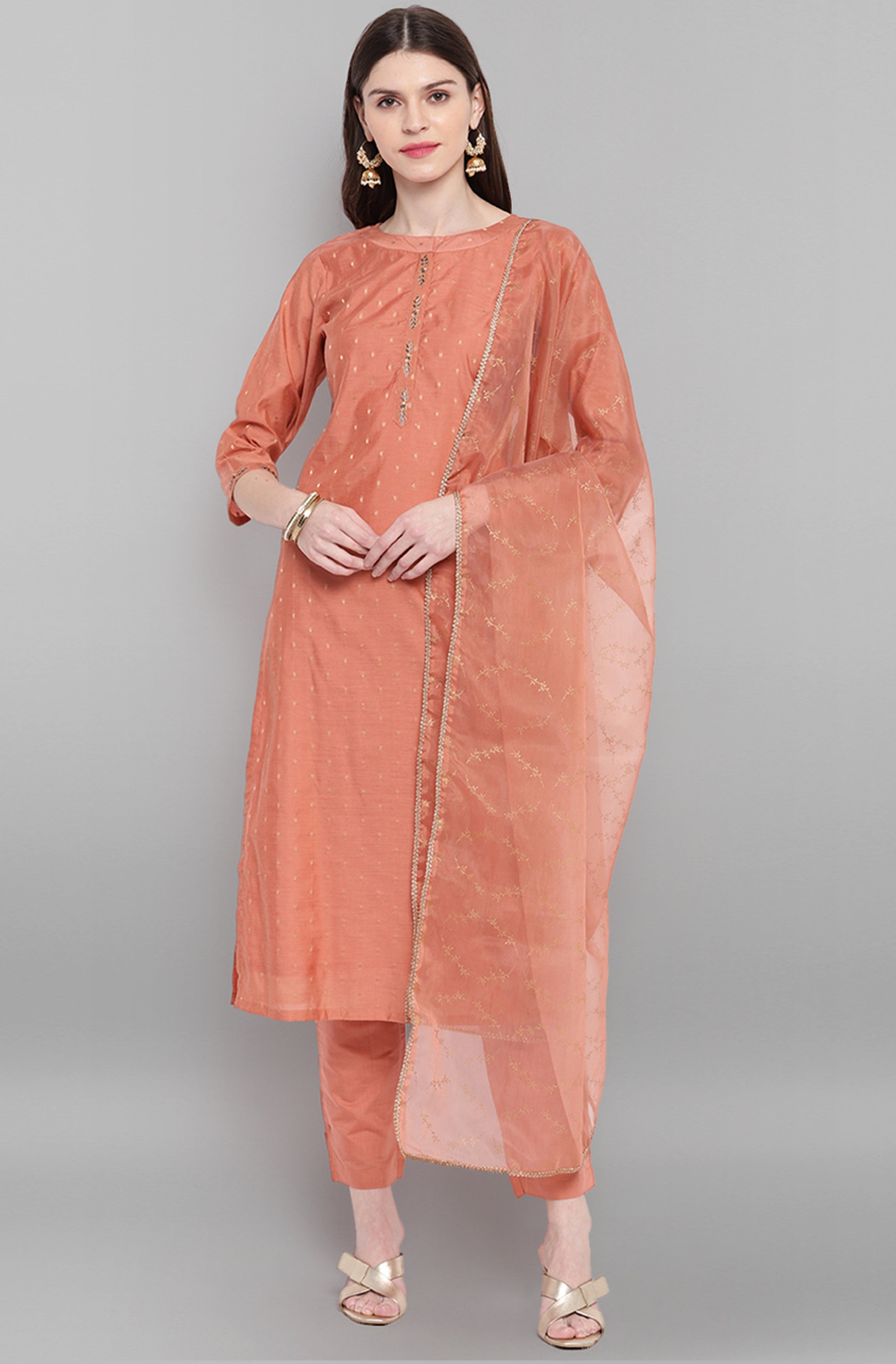 Janasya Women's Rose Gold Poly Muslin Embroidered Kurta With Pant And Dupatta | Grocsy