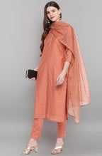 Janasya Women's Rose Gold Poly Muslin Embroidered Kurta With Pant And Dupatta | Grocsy