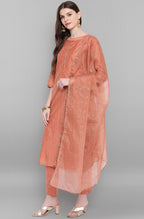 Janasya Women's Rose Gold Poly Muslin Embroidered Kurta With Pant And Dupatta | Grocsy