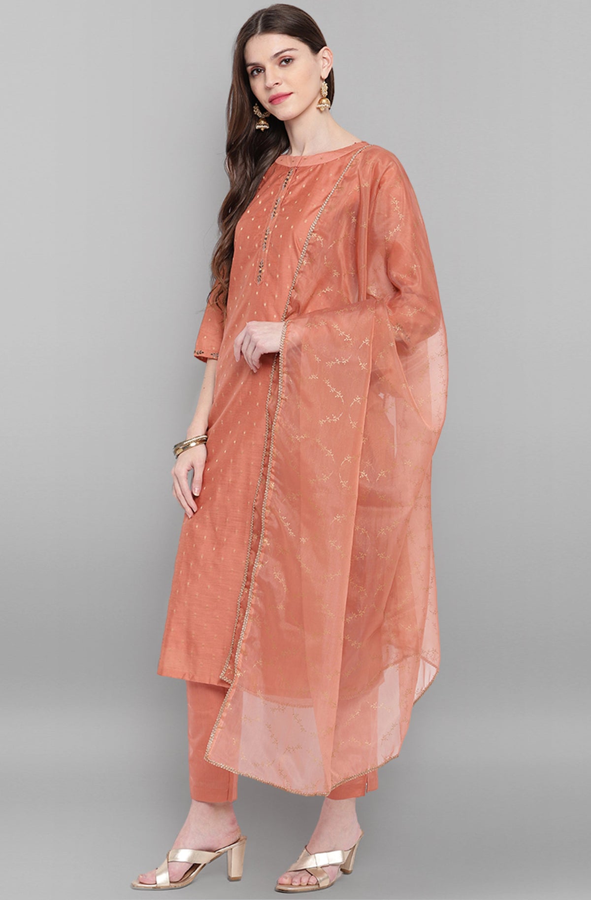 Janasya Women's Rose Gold Poly Muslin Embroidered Kurta With Pant And Dupatta | Grocsy