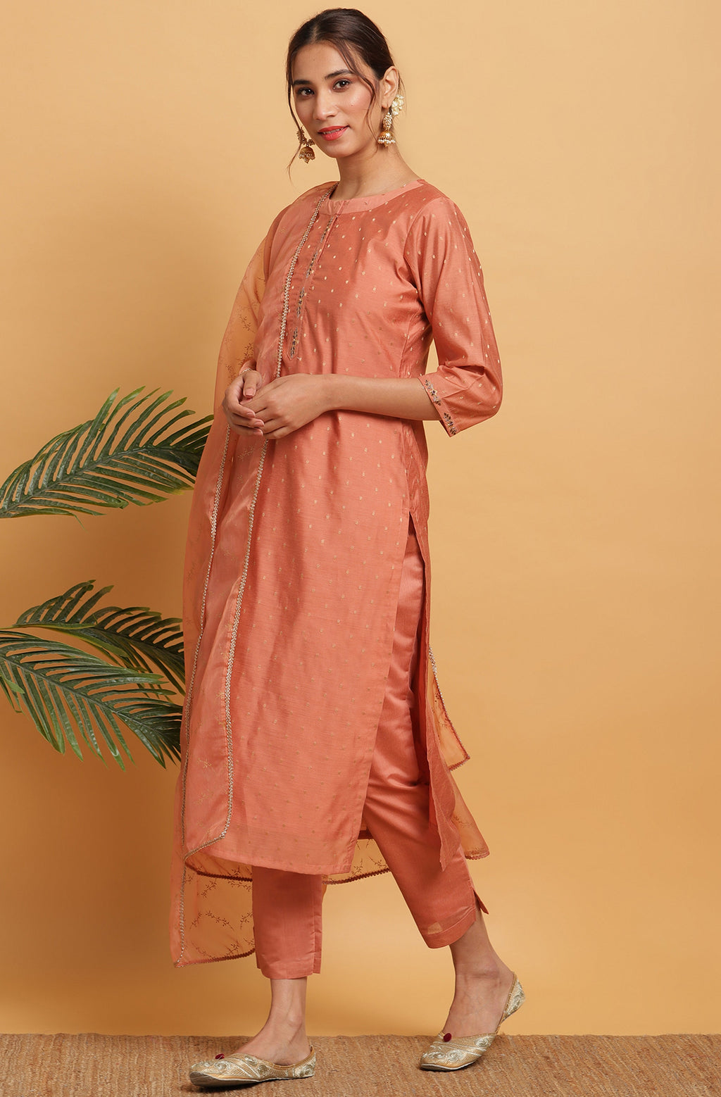 Janasya Women's Rose Gold Poly Muslin Embroidered Kurta With Pant And Dupatta | Grocsy