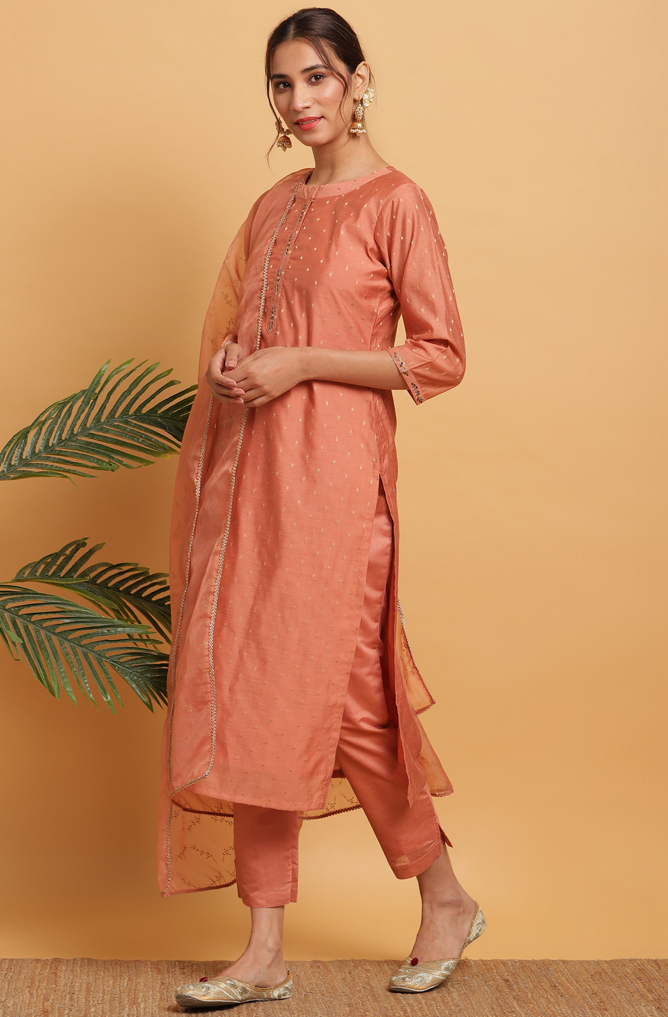 Janasya Women's Rose Gold Poly Muslin Embroidered Kurta With Pant And Dupatta | Grocsy