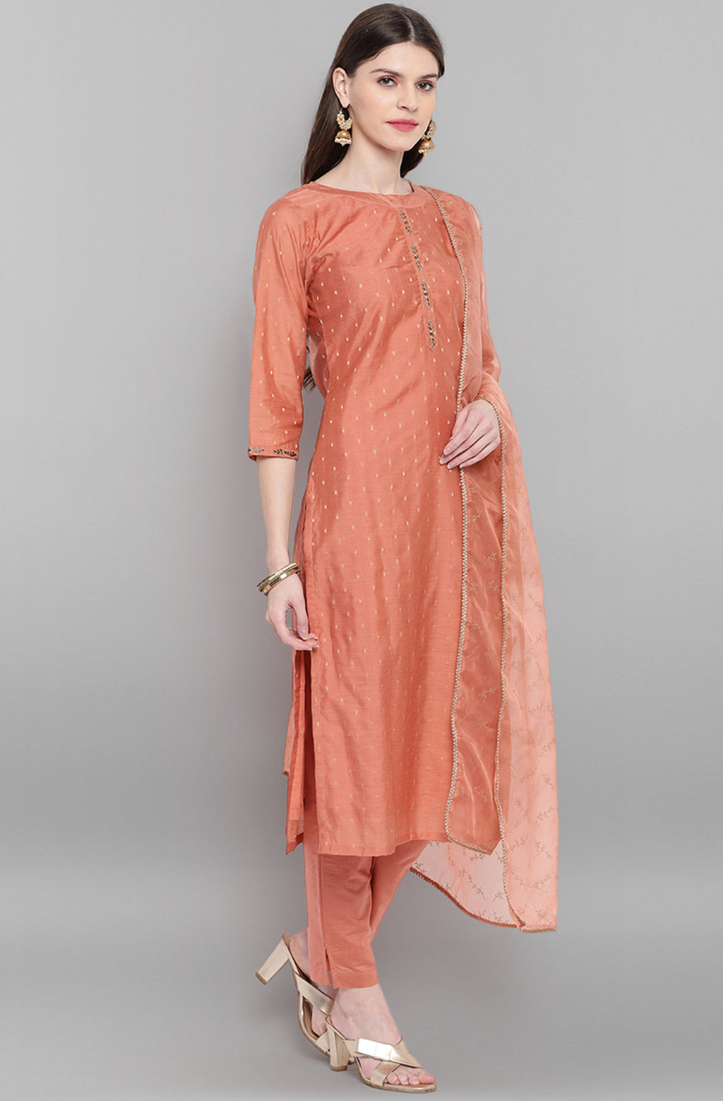 Janasya Women's Rose Gold Poly Muslin Embroidered Kurta With Pant And Dupatta | Grocsy