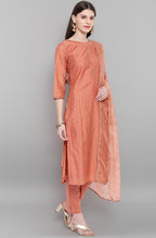 Janasya Women's Rose Gold Poly Muslin Embroidered Kurta With Pant And Dupatta | Grocsy