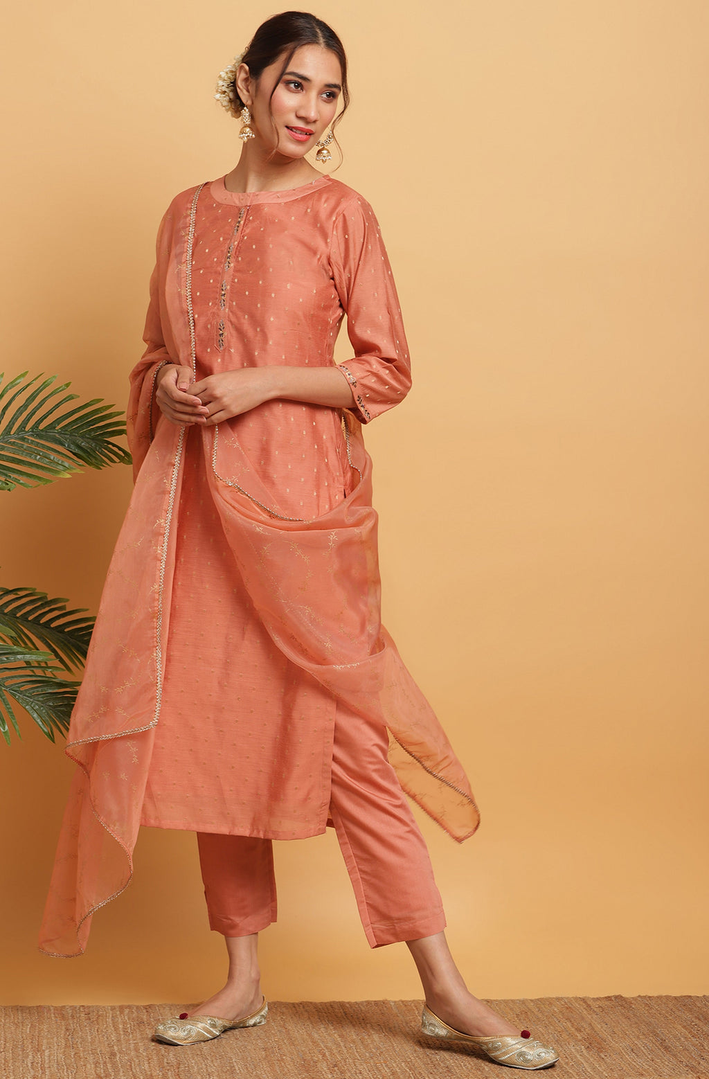 Janasya Women's Rose Gold Poly Muslin Embroidered Kurta With Pant And Dupatta | Grocsy