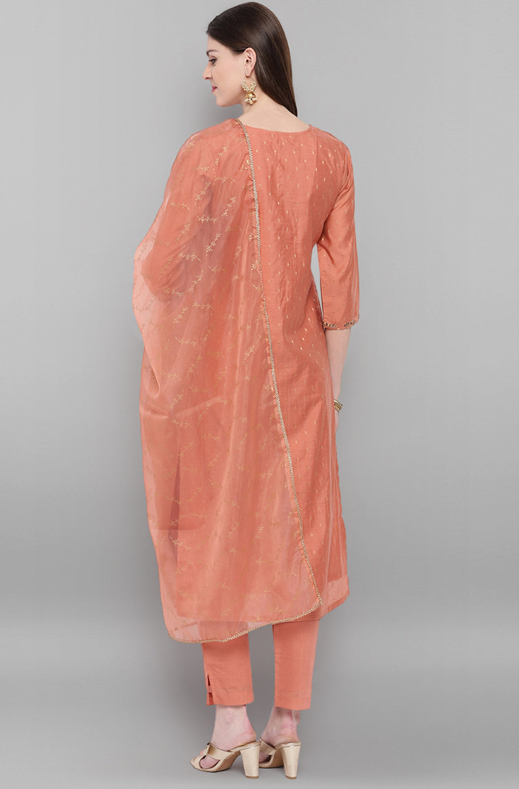 Janasya Women's Rose Gold Poly Muslin Embroidered Kurta With Pant And Dupatta | Grocsy