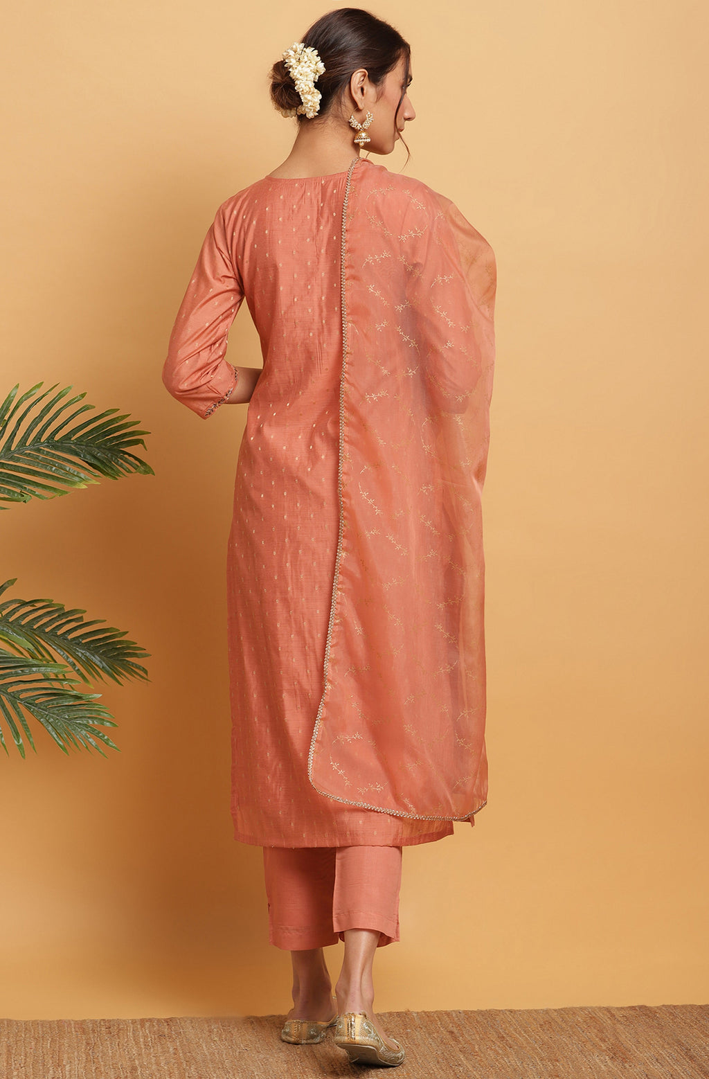 Janasya Women's Rose Gold Poly Muslin Embroidered Kurta With Pant And Dupatta | Grocsy