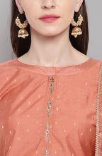 Janasya Women's Rose Gold Poly Muslin Embroidered Kurta With Pant And Dupatta | Grocsy