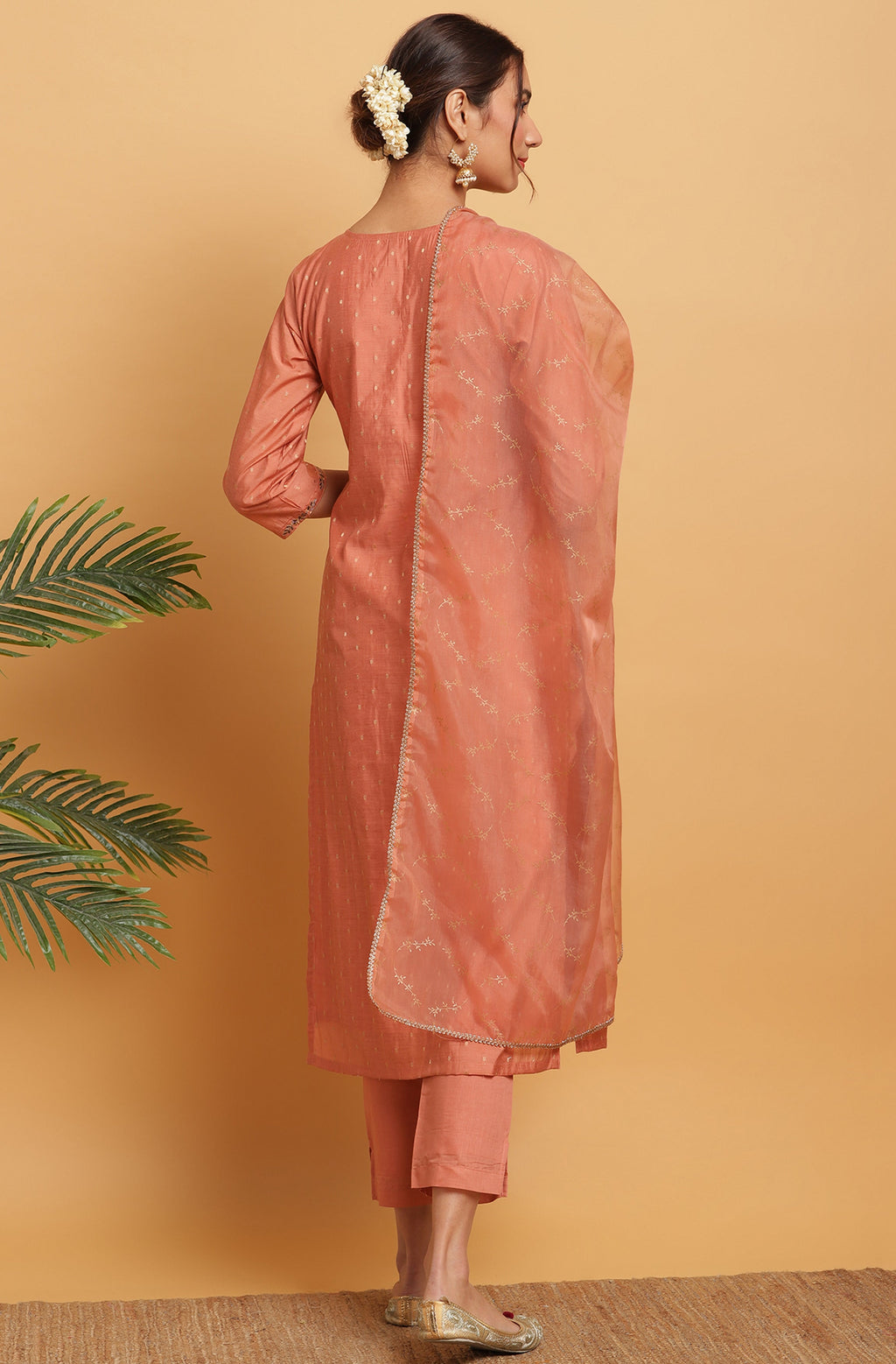Janasya Women's Rose Gold Poly Muslin Embroidered Kurta With Pant And Dupatta | Grocsy