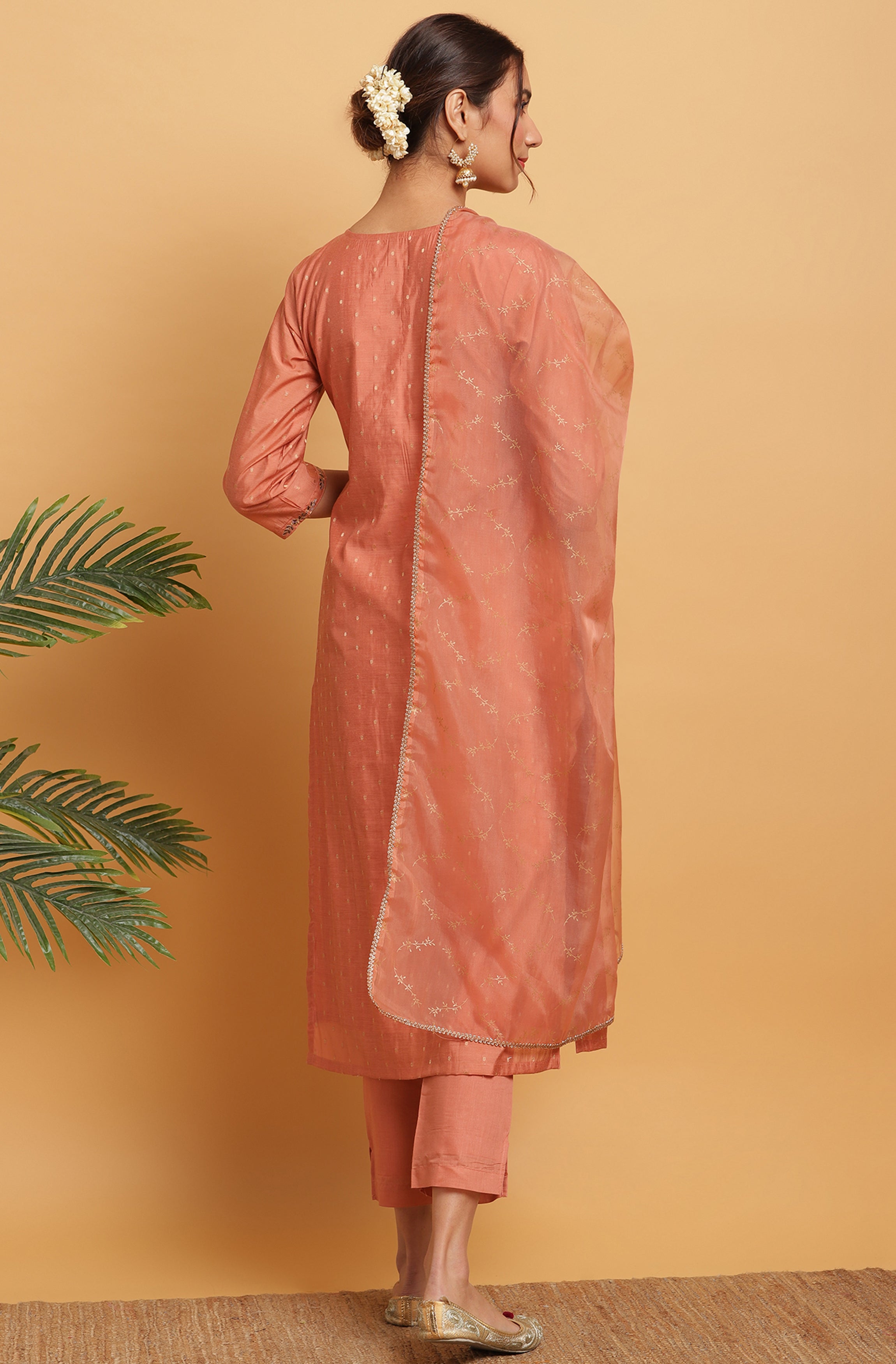 Janasya Women's Rose Gold Poly Muslin Embroidered Kurta With Pant And Dupatta | Grocsy