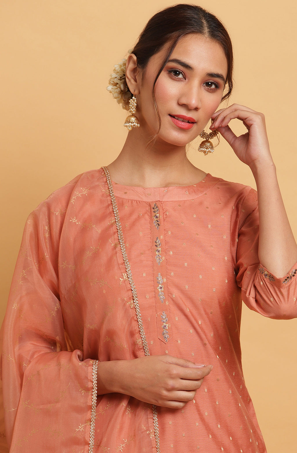 Janasya Women's Rose Gold Poly Muslin Embroidered Kurta With Pant And Dupatta | Grocsy