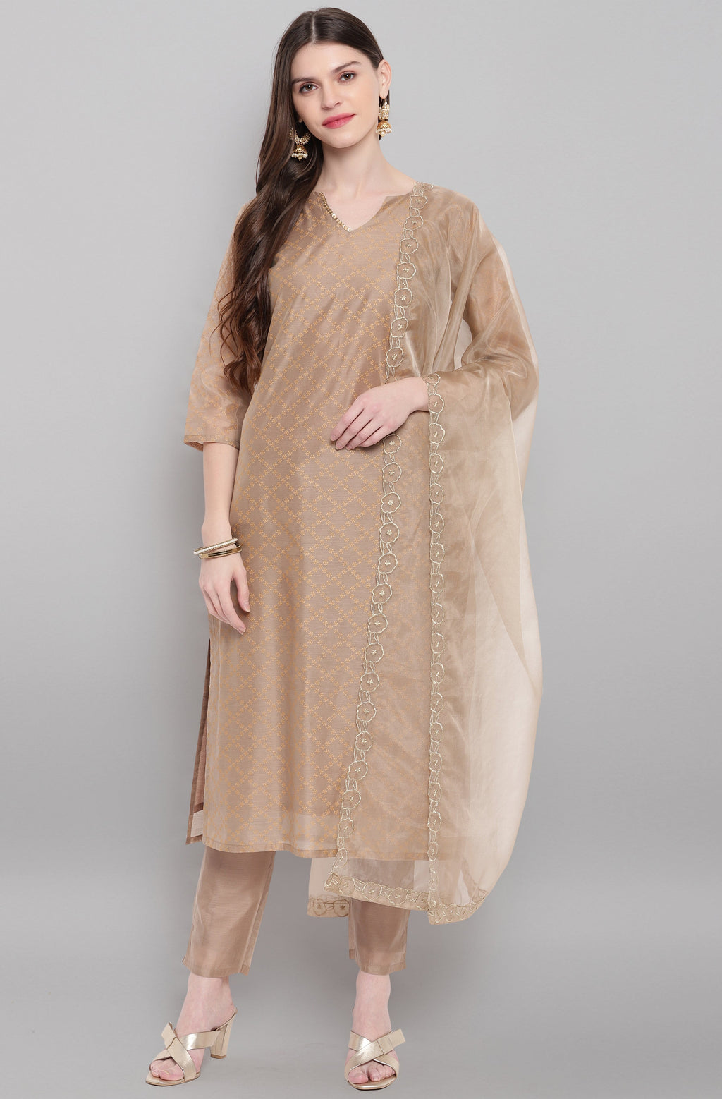 Janasya Women's Light Brown Poly Chanderi Floral Print Kurta With Pant And Dupatta | Grocsy