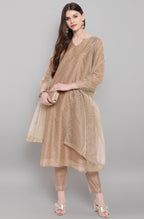 Janasya Women's Light Brown Poly Chanderi Floral Print Kurta With Pant And Dupatta | Grocsy