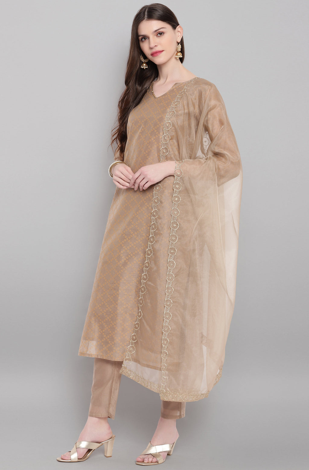 Janasya Women's Light Brown Poly Chanderi Floral Print Kurta With Pant And Dupatta | Grocsy
