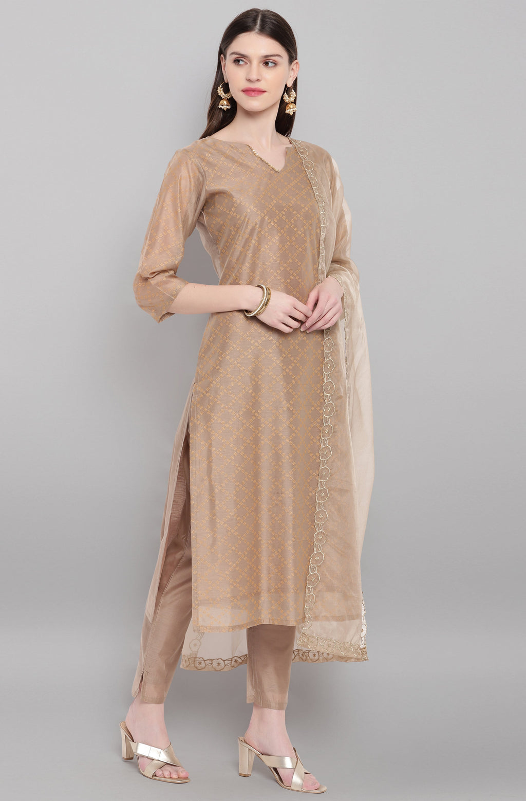 Janasya Women's Light Brown Poly Chanderi Floral Print Kurta With Pant And Dupatta | Grocsy