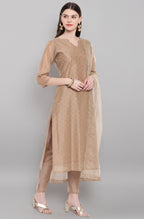 Janasya Women's Light Brown Poly Chanderi Floral Print Kurta With Pant And Dupatta | Grocsy