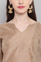 Janasya Women's Light Brown Poly Chanderi Floral Print Kurta With Pant And Dupatta | Grocsy