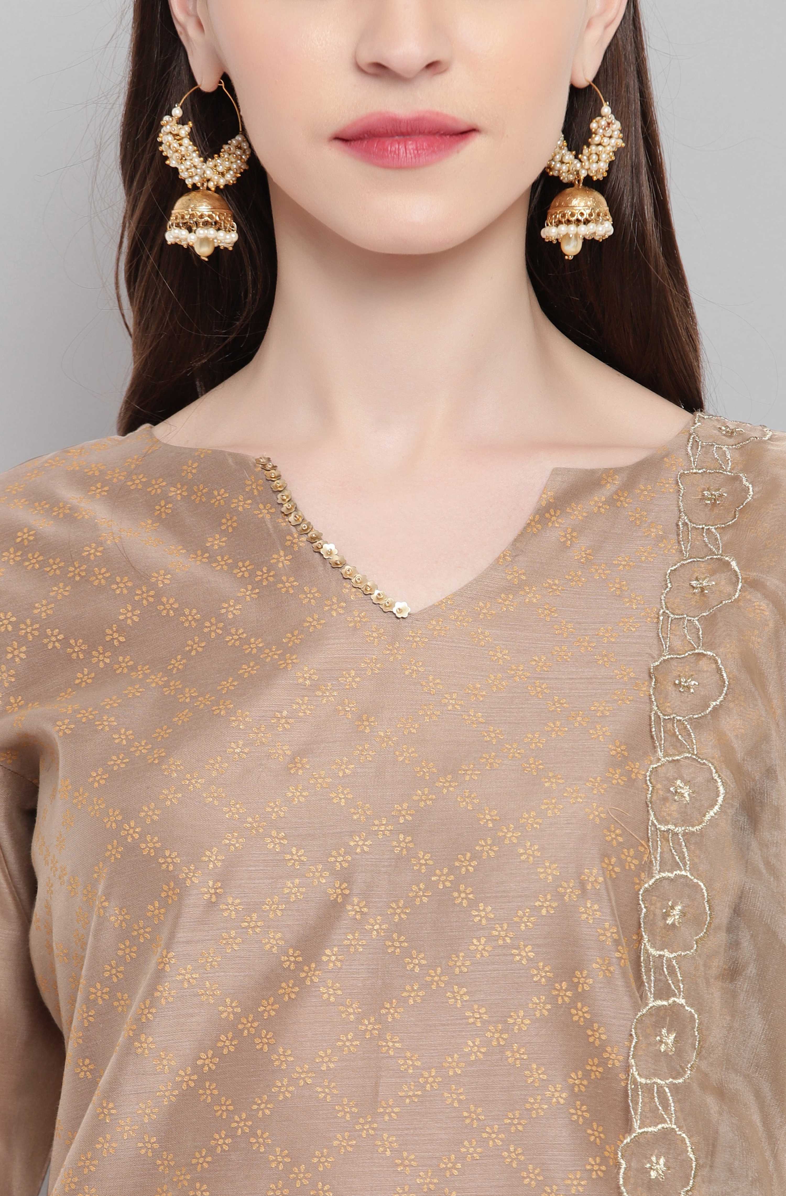Janasya Women's Light Brown Poly Chanderi Floral Print Kurta With Pant And Dupatta | Grocsy