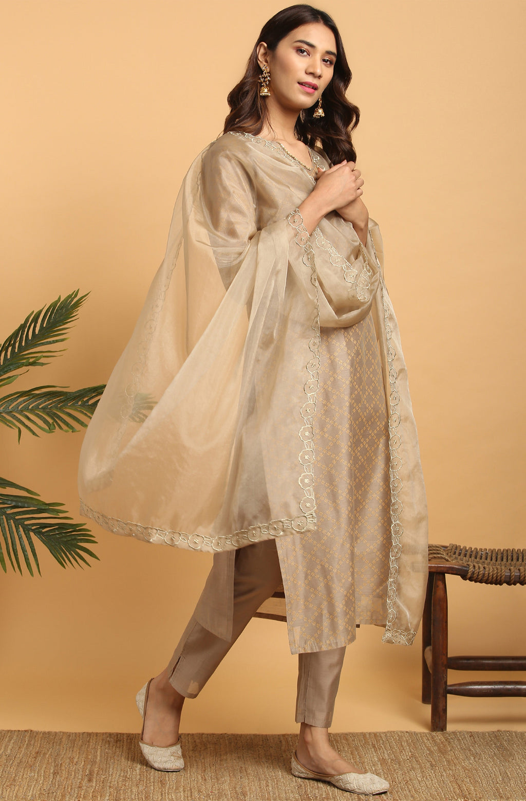 Janasya Women's Light Brown Poly Chanderi Floral Print Kurta With Pant And Dupatta | Grocsy