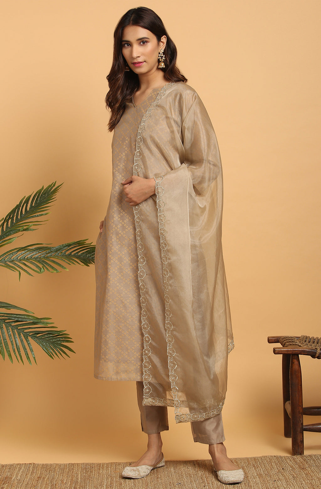 Janasya Women's Light Brown Poly Chanderi Floral Print Kurta With Pant And Dupatta | Grocsy