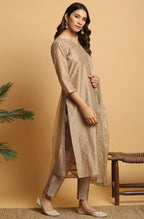 Janasya Women's Light Brown Poly Chanderi Floral Print Kurta With Pant And Dupatta | Grocsy
