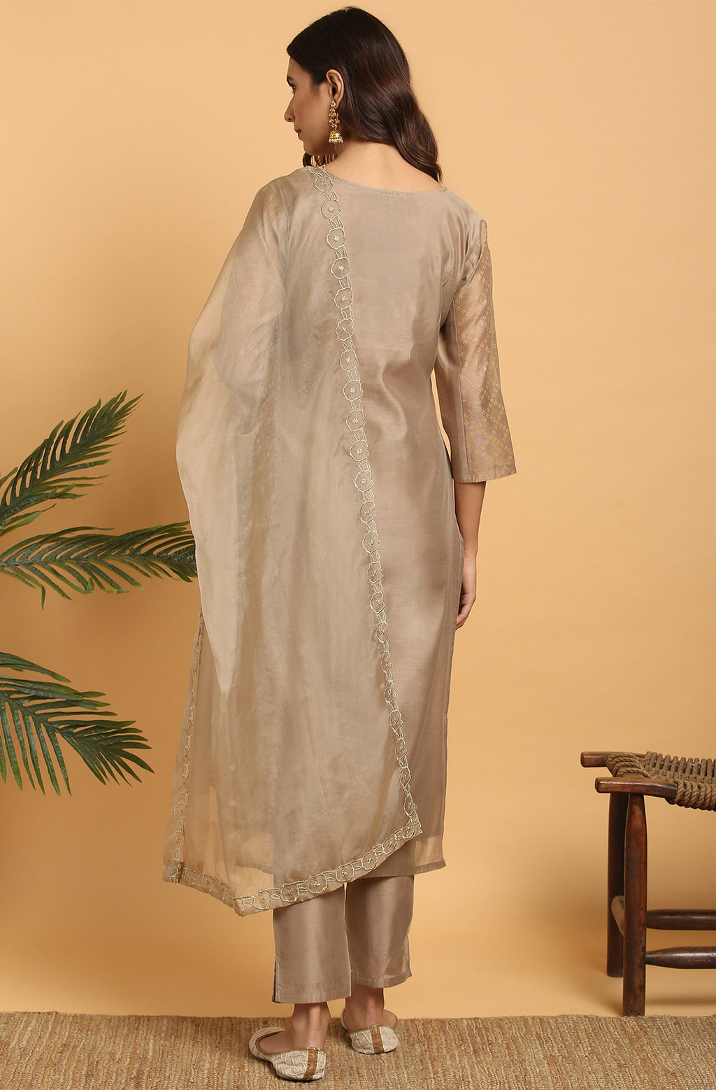 Janasya Women's Light Brown Poly Chanderi Floral Print Kurta With Pant And Dupatta | Grocsy