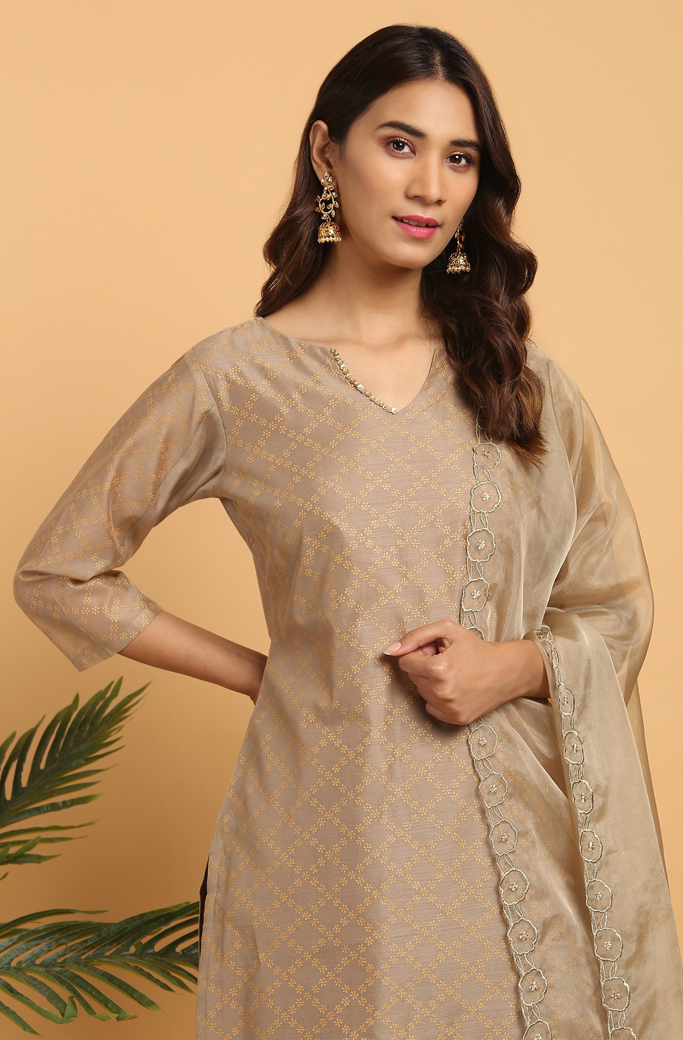 Janasya Women's Light Brown Poly Chanderi Floral Print Kurta With Pant And Dupatta | Grocsy