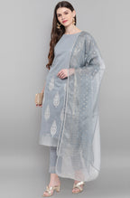 Janasya Women's Grey Poly Chanderi Ethnic Motifs Kurta With Pant And Dupatta | Grocsy