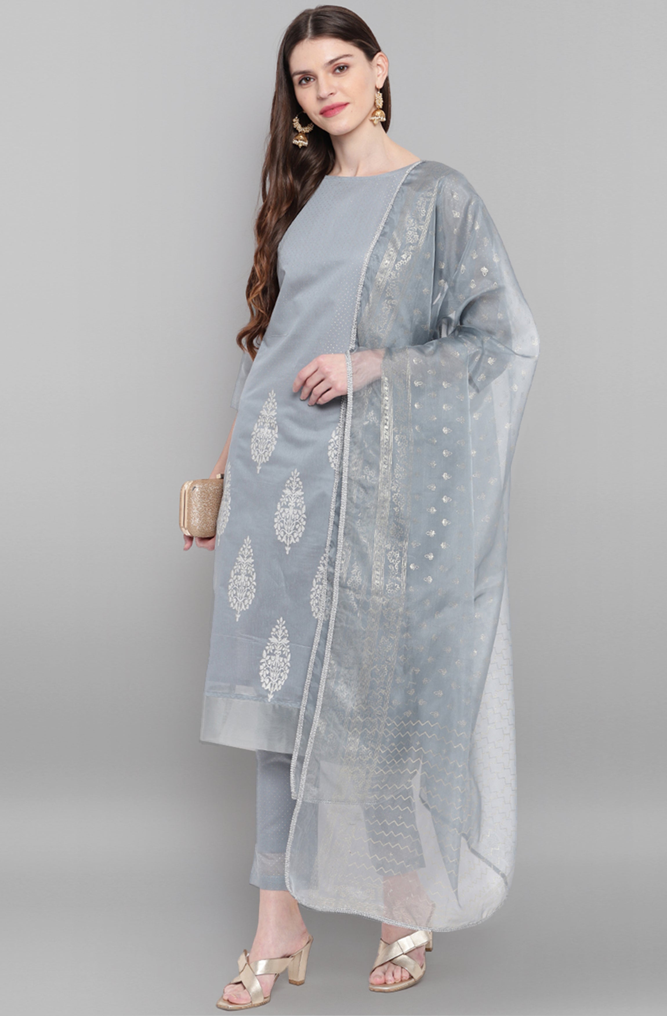 Janasya Women's Grey Poly Chanderi Ethnic Motifs Kurta With Pant And Dupatta | Grocsy