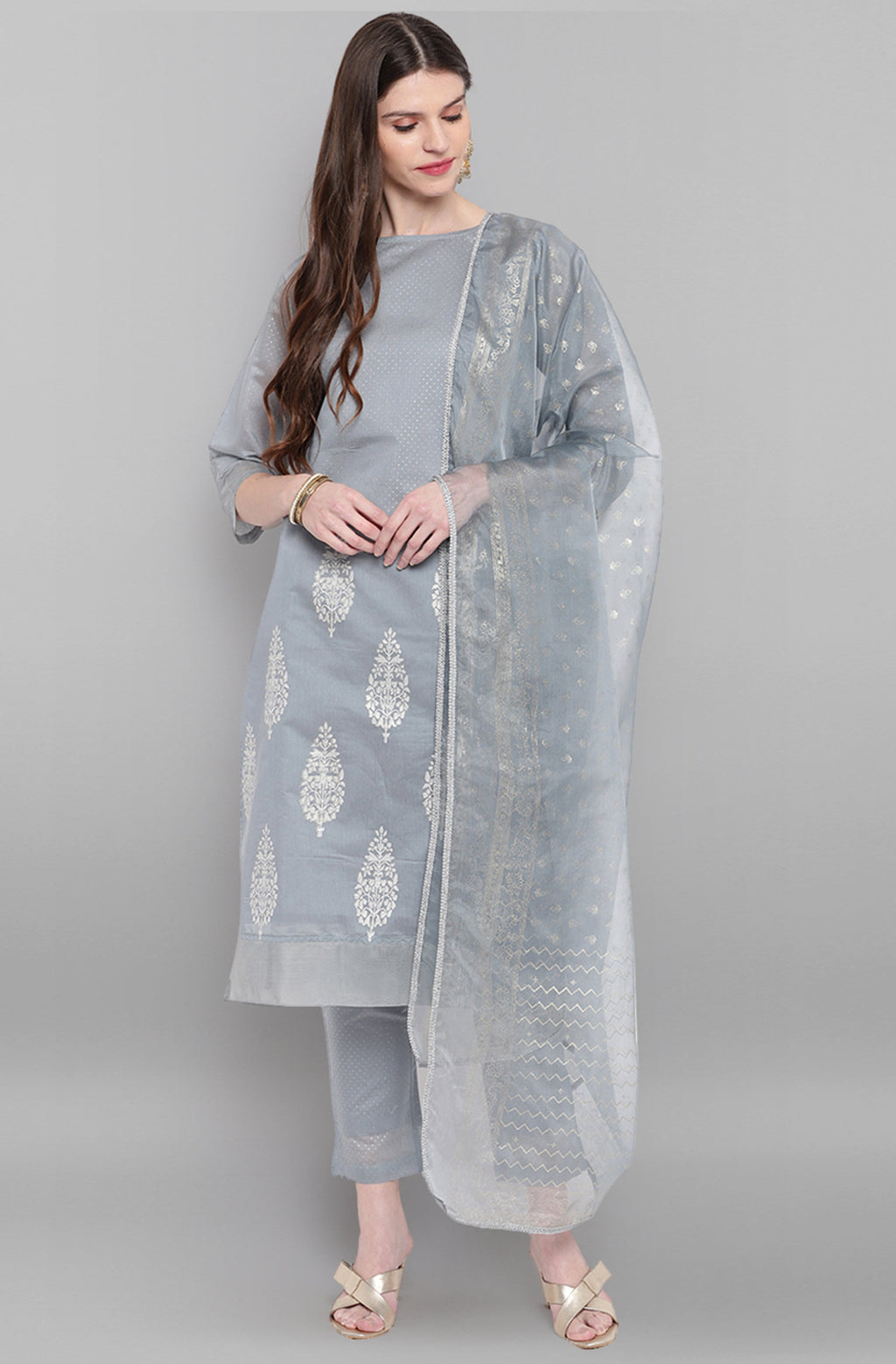 Janasya Women's Grey Poly Chanderi Ethnic Motifs Kurta With Pant And Dupatta | Grocsy