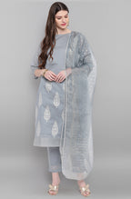 Janasya Women's Grey Poly Chanderi Ethnic Motifs Kurta With Pant And Dupatta | Grocsy