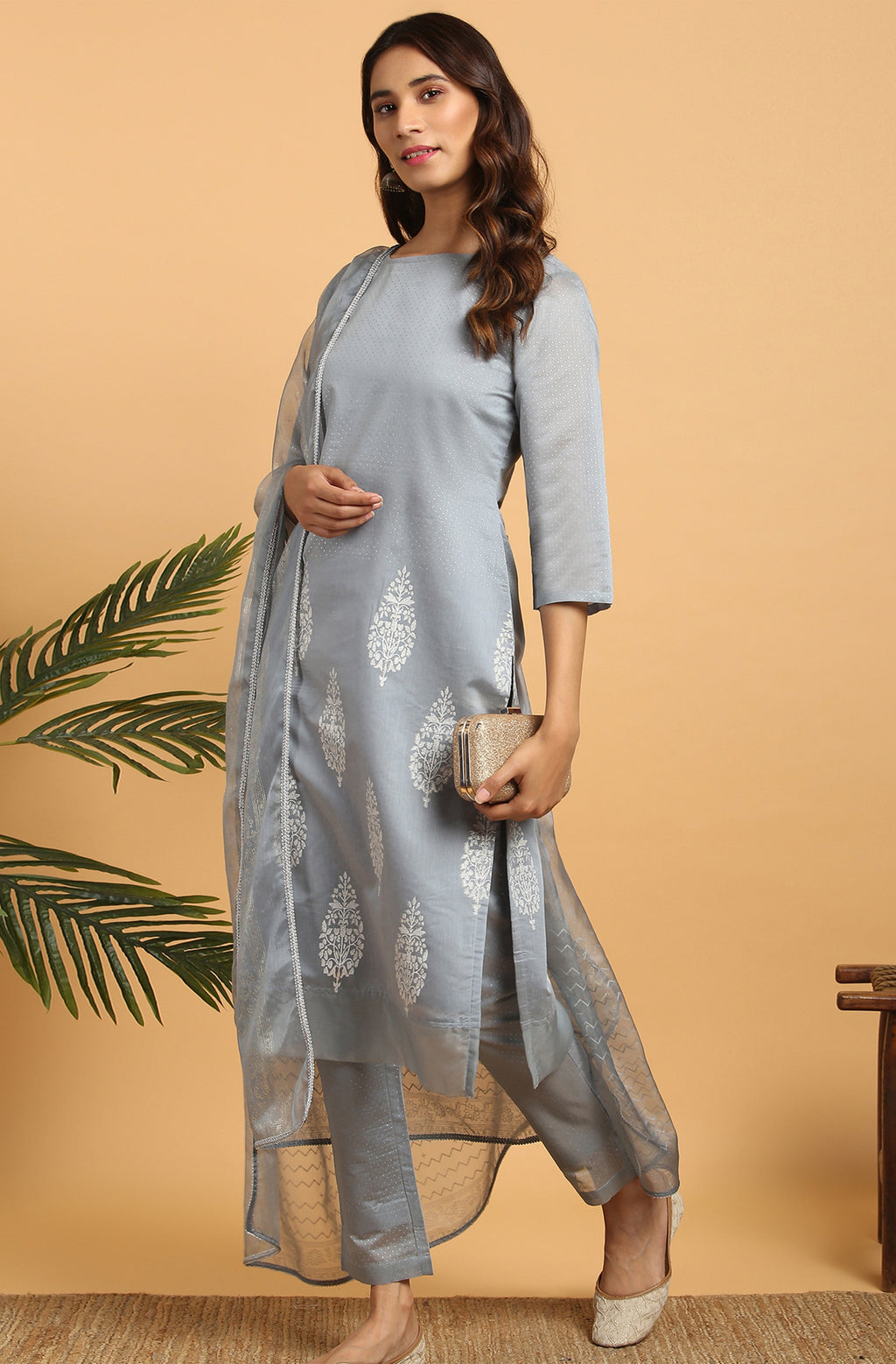 Janasya Women's Grey Poly Chanderi Ethnic Motifs Kurta With Pant And Dupatta | Grocsy