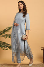 Janasya Women's Grey Poly Chanderi Ethnic Motifs Kurta With Pant And Dupatta | Grocsy