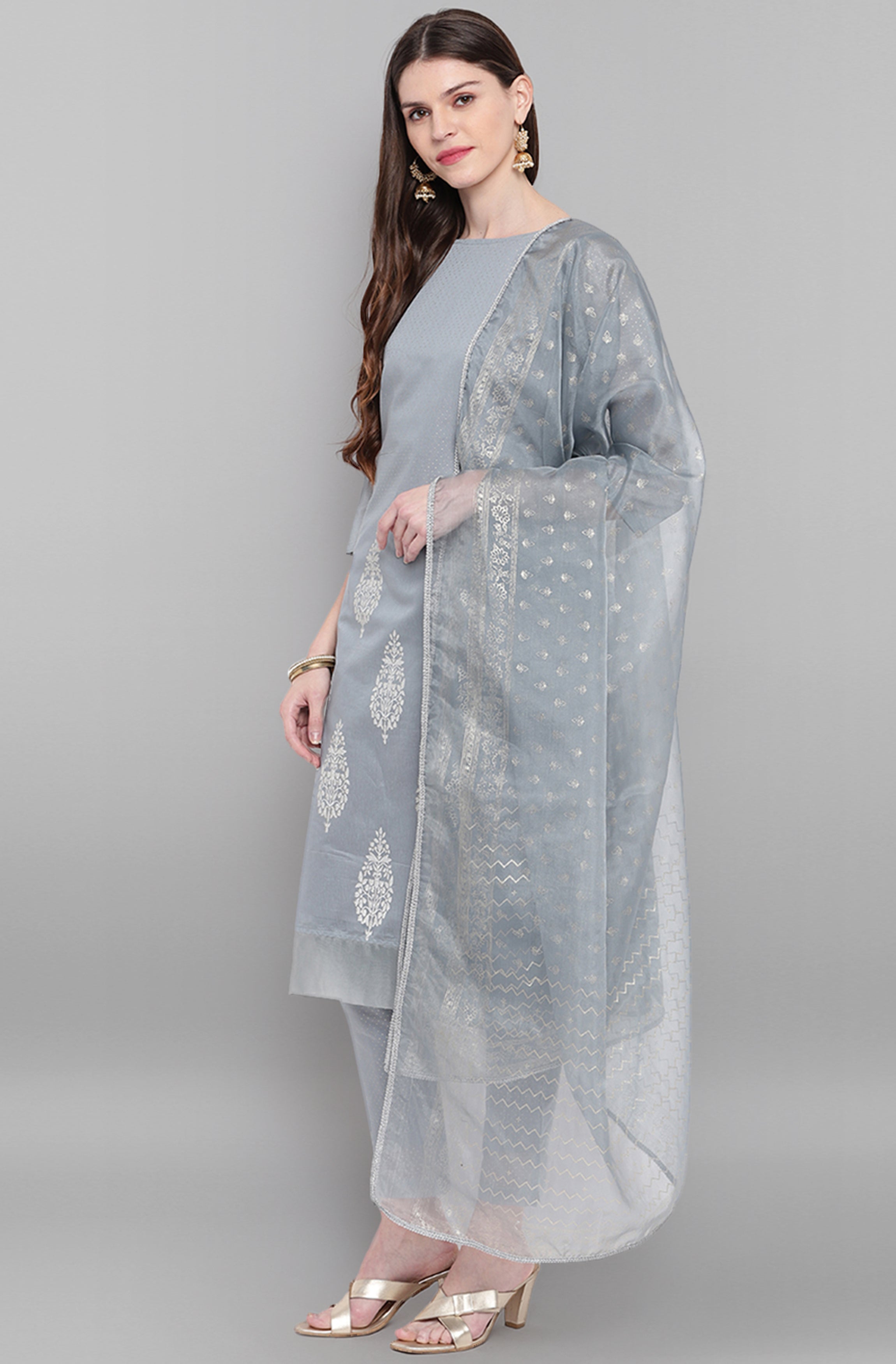 Janasya Women's Grey Poly Chanderi Ethnic Motifs Kurta With Pant And Dupatta | Grocsy