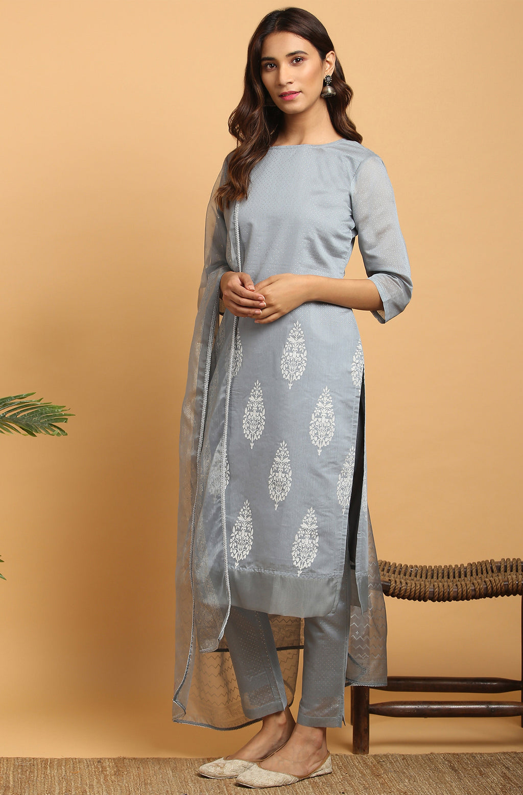 Janasya Women's Grey Poly Chanderi Ethnic Motifs Kurta With Pant And Dupatta | Grocsy